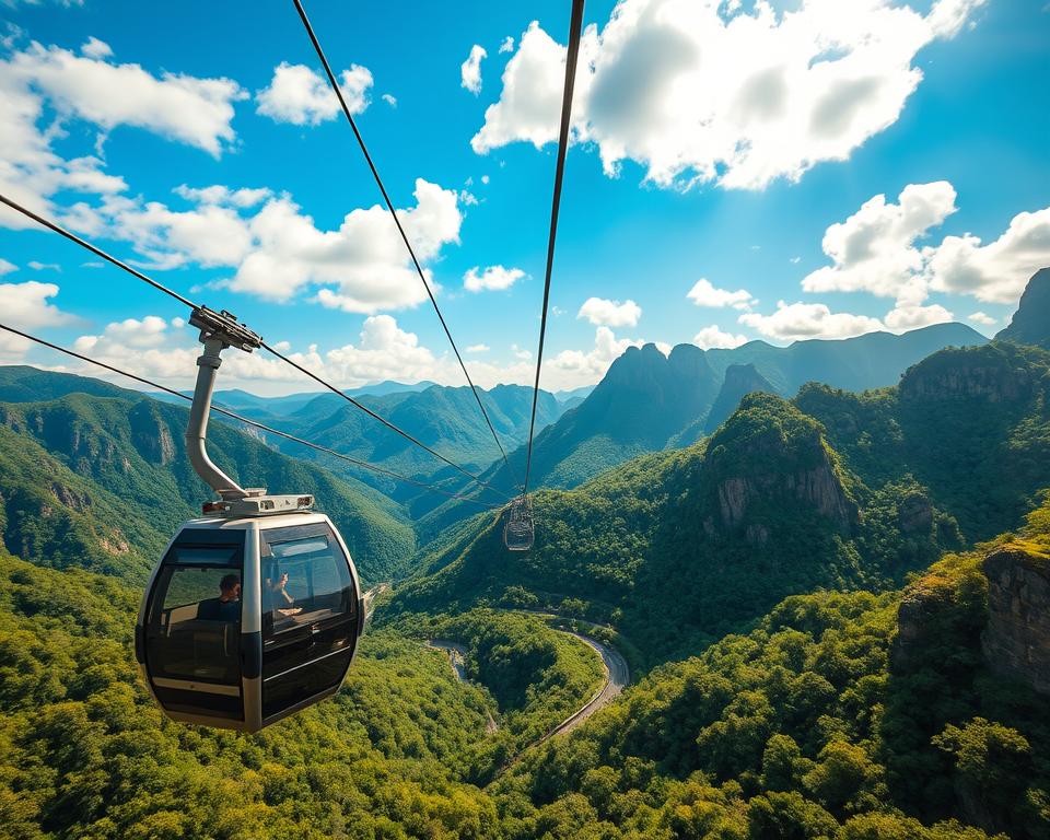 A breathtaking view of the Tianmen Mountain Seilbahn ascending through lush, green mountainous terrain. In the foreground, a modern cable car glides smoothly along the cables, showcasing its sleek design against a backdrop of vibrant foliage. The middle ground reveals the steep cliffs and winding pathways of Tianmen Mountain, edged with dramatic rock formations. The background features a clear blue sky scattered with soft, fluffy clouds, highlighting the grandeur of the mountains. Golden sunlight bathes the scene, creating a warm, inviting atmosphere, emphasizing the majestic panorama below. The scene is captured from a mid-angle perspective, enhancing the sense of height and adventure of the cable car experience without any text or overlays.