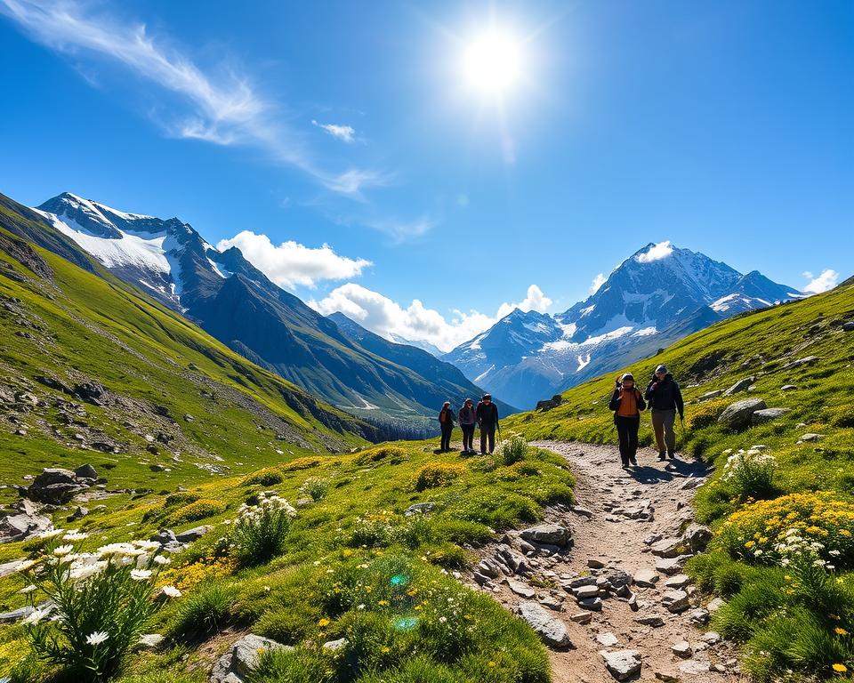 A breathtaking view of the Tour du Mont Blanc during the ideal travel season, showcasing vibrant summer greenery with patches of snow on the mountain peaks. In the foreground, a rugged hiking trail winds through blooming alpine wildflowers under a clear blue sky. The middle ground features a group of hikers, dressed in modest outdoor clothing, taking in the majestic scenery, while energetic sunlight casts soft shadows and highlights the textures of the rocky landscape. In the background, towering peaks of Mont Blanc glisten under the sun, framed by wispy clouds. The atmosphere is one of adventure and tranquility, inviting the viewer to experience the allure of this iconic trekking route. Capture this scene with a wide-angle lens for expansive depth, highlighting the vastness of nature.