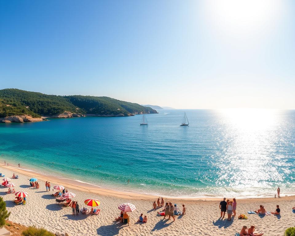 A breathtaking view of the White Sea during the peak of summer, showcasing clear blue waters that gleam under a bright sun. In the foreground, a tranquil sandy beach dotted with colorful beach umbrellas and families enjoying the sun, all wearing modest casual clothing. In the middle ground, a few sailboats drift gently on the water, their sails illuminated by soft golden sunlight. The background features lush green cliffs and distant pine forests under a bright, cloudless sky. The atmosphere is cheerful and inviting, creating a sense of relaxation and adventure, perfect for discovering the beauty of this unique coastal destination. Capture this scene with a wide-angle lens to emphasize the panoramic beauty of the landscape. A breathtaking view of the White Sea during the peak of summer, showcasing clear blue waters that gleam under a bright sun. In the foreground, a tranquil sandy beach dotted with colorful beach umbrellas and families enjoying the sun, all wearing modest casual clothing. In the middle ground, a few sailboats drift gently on the water, their sails illuminated by soft golden sunlight. The background features lush green cliffs and distant pine forests under a bright, cloudless sky. The atmosphere is cheerful and inviting, creating a sense of relaxation and adventure, perfect for discovering the beauty of this unique coastal destination. Capture this scene with a wide-angle lens to emphasize the panoramic beauty of the landscape.
