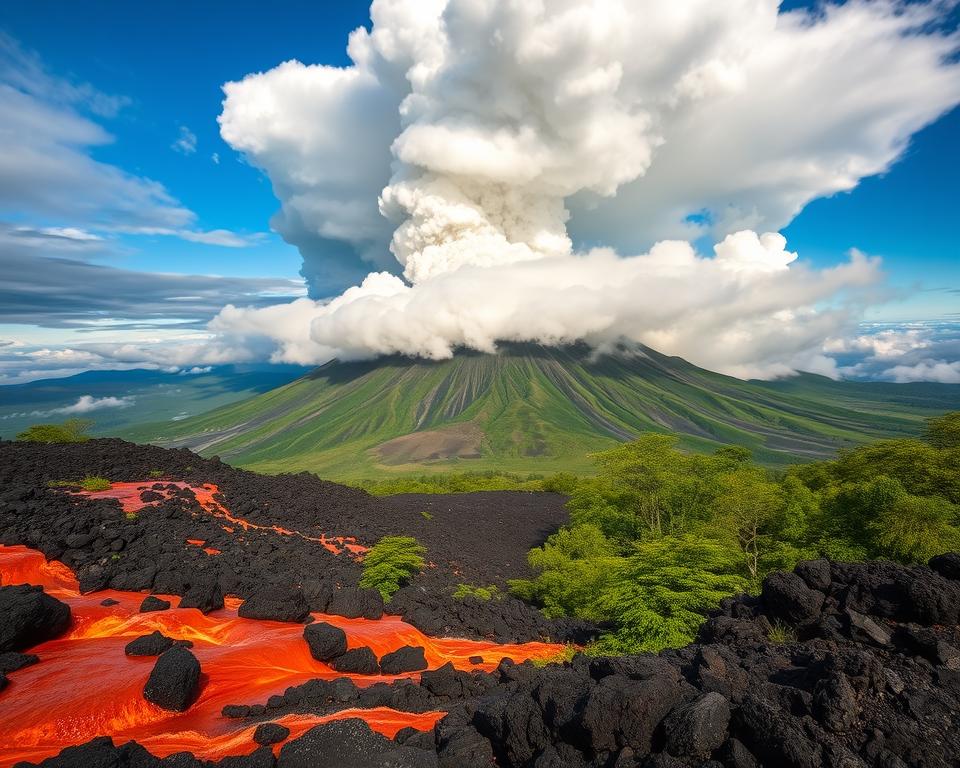 A breathtaking view of the active Sakurajima volcano on Kyushu Island, Japan. In the foreground, dynamic orange and red lava flows cascade down the slopes, surrounded by dark volcanic rocks. The middle ground showcases lush green foliage and trees, contrasting with the rocky terrain. In the background, thick, dramatic clouds billow above the volcano, hinting at its recent eruptions, with billowy smoke and ash rising into a deep blue sky. The lighting is warm, capturing the glow of the lava and the interplay of shadows cast by the mountain’s ridges. The atmosphere is both awe-inspiring and tense, embodying the raw power of this geological marvel. Use a wide-angle lens to capture the vastness of the landscape and the volcano’s imposing presence.