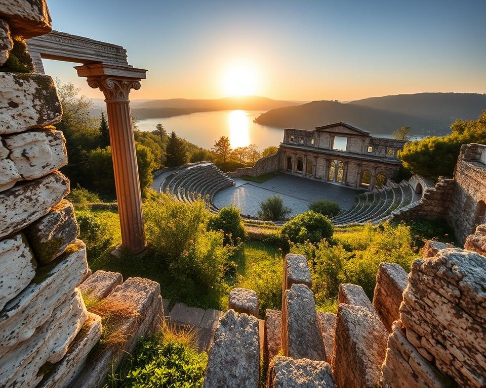 A breathtaking view of the ancient Butrint ruins set in a lush national park, capturing the essence of history and nature intertwined. In the foreground, partially overgrown stone columns and remnants of walls are visible, showcasing intricate carvings and moss. The middle ground highlights the majestic ruins of an old theater, surrounded by vibrant greenery and scattered wildflowers. In the background, a serene lake reflects the warm golden light of the setting sun, casting long shadows and creating a tranquil atmosphere. The scene is bathed in soft, natural lighting, emphasizing the historical significance and beauty of the site. This image evokes a sense of wonder and invites viewers to explore the rich history of Butrint.