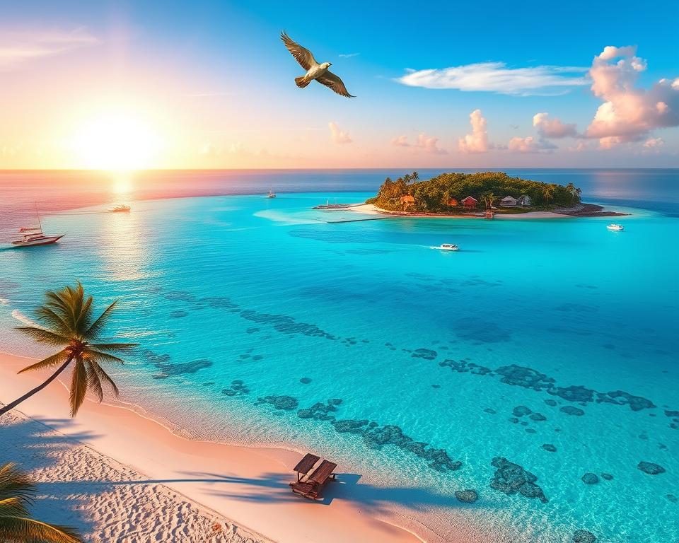 A breathtaking view of the coral islands of Oceania during the ideal travel season, showcasing crystal-clear turquoise waters, vibrant coral reefs, and lush tropical vegetation. In the foreground, delicate white sand beaches stretch along the shoreline, dotted with palm trees swaying gently in the breeze. In the middle ground, a secluded island features colorful beach huts and tranquil lagoons, with small boats bobbing gently on the water. The background reveals a stunning sunset casting warm golden and pink hues across the sky, reflecting on the calm ocean surface. Brightly colored birds soar above, enhancing the scene's lively atmosphere. The image should capture an inviting and serene mood, perfect for showcasing the best time to visit these enchanting islands.