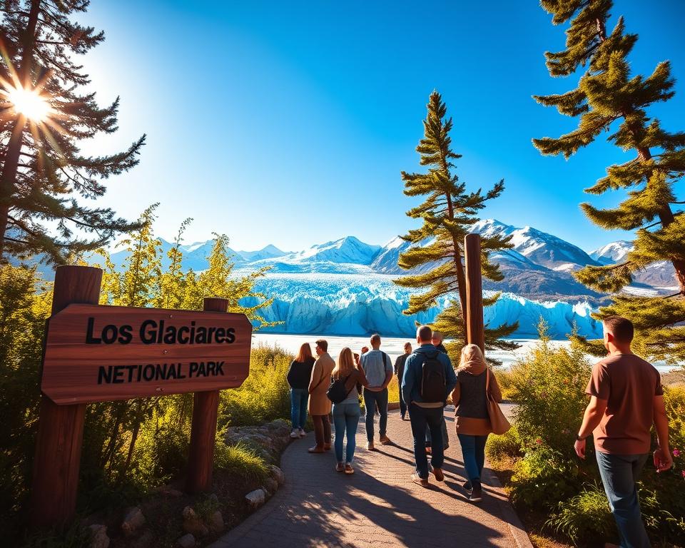 A breathtaking view of the entrance to Los Glaciares National Park, showcasing the iconic Perito Moreno Glacier in the background. In the foreground, a well-maintained wooden sign reading "Los Glaciares Eintritt," surrounded by lush greenery and native flora. The middle ground features tourists in modest casual clothing, gazing in awe at the glacier, capturing the sense of wonder and exploration. Bright natural lighting filters through the trees, creating a warm, inviting atmosphere. The scene is framed with a wide-angle perspective, highlighting the grandeur of the glacier against a clear blue sky. The mood is serene and adventurous, conveying the excitement of visiting this stunning natural landmark while adhering to park regulations and respect for the environment.