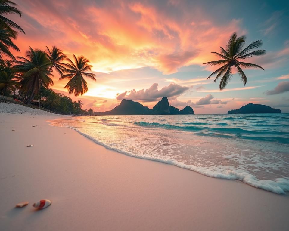 A breathtaking view of the most beautiful beaches on Langkawi Island, showcasing soft, powdery white sands and crystal-clear turquoise waters. In the foreground, gentle waves lap at the shore, with a few seashells scattered around. In the middle ground, lush green palm trees sway lightly in the breeze, providing a tropical vibe. Beyond, a vibrant sunset paints the sky in hues of orange, pink, and purple, casting warm light across the scene. The background features distant limestone cliffs and an island silhouette. Capture this serene atmosphere from a low angle to emphasize the beach's beauty and invite viewers into this paradise. The overall mood is tranquil and inviting, perfect for a dreamy getaway.