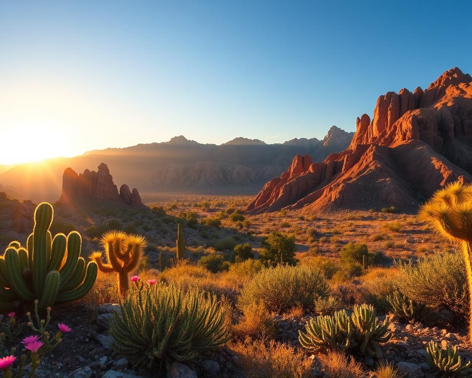 A breathtaking view of the natural landscapes of Baja California Norte, showcasing its diverse ecosystems. In the foreground, a vibrant desert scene with cacti, wildflowers, and rocky terrain. The middle ground reveals a stunning national park, with unique rock formations and native trees, creating an inviting hiking trail. In the background, majestic mountains rise against a clear blue sky, bathed in warm, golden sunlight that accentuates their rugged beauty. The atmosphere is serene and awe-inspiring, evoking a sense of adventure and discovery. Soft shadows play across the landscape as the sun begins to set, casting a warm glow over the entire scene. The composition captures the essence of wildlife, with hints of native animals subtly integrated into the scenery, reflecting the rich biodiversity of the region.