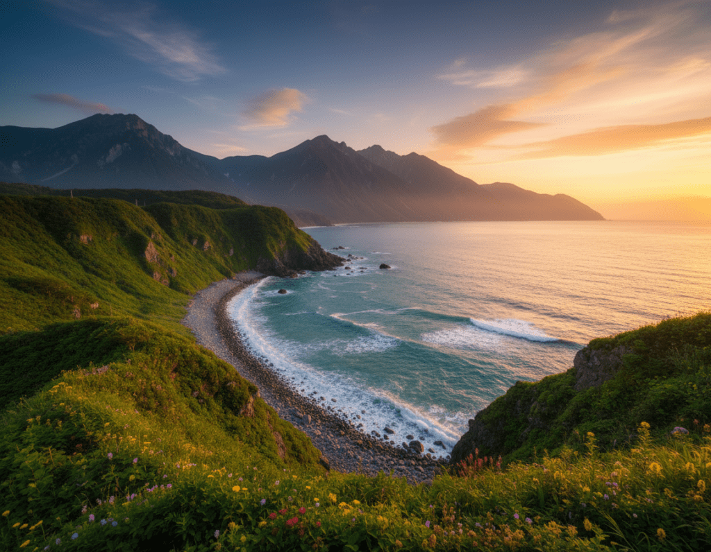 A breathtaking view of the ocean at Shiretoko National Park, Japan, showcasing its unique natural beauty. In the foreground, lush green cliffs rise sharply, dotted with vibrant wildflowers, while the middle distance features a serene, turquoise sea with gentle waves lapping against the shore. In the background, majestic mountains loom under a clear blue sky, creating a dramatic contrast. The scene is illuminated by warm, golden sunlight, casting soft reflections on the water. Capture this natural paradise at sunset, emphasizing the tranquil yet awe-inspiring atmosphere. The composition should evoke a sense of wonder and serenity, inviting the viewer to feel the untouched nature of this UNESCO World Heritage site.