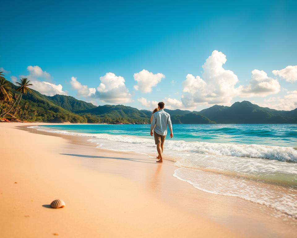 A breathtaking view of the pristine beaches of Pulau Langkawi, Malaysia, capturing the essence of paradise. In the foreground, soft golden sands gently fringe the turquoise waters with a few seashells scattered along the shore. In the middle ground, a couple in modest casual clothing strolls hand in hand by the shoreline, their silhouettes framed against the vibrant ocean waves. The background showcases lush green hills and towering palm trees swaying gently in the tropical breeze, under a clear blue sky dotted with fluffy white clouds. The warm sunlight casts a golden hue over the entire scene, creating a serene, tranquil atmosphere. The composition is taken from a low angle, emphasizing the beauty of the beach and the connection of the couple, inviting viewers to imagine their ideal vacation.