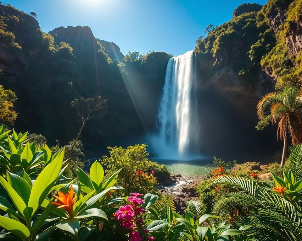 A breathtaking view of the spectacular waterfalls in Chapada Diamantina, Brazil. In the foreground, lush green vegetation with a variety of tropical plants and colorful flowers, glistening in sunlight. The middle ground features a majestic waterfall cascading down rocky cliffs, sending up mist that catches the light, creating a rainbow effect in the spray. A serene pool at the waterfall's base reflects the surrounding beauty. In the background, towering cliffs and a clear blue sky enhance the natural panorama. The lighting is warm and inviting, capturing the enchanting atmosphere of this remote paradise. The perspective is from a slightly elevated angle, showcasing the grand scale of the landscape, while evoking a sense of tranquility and adventure.