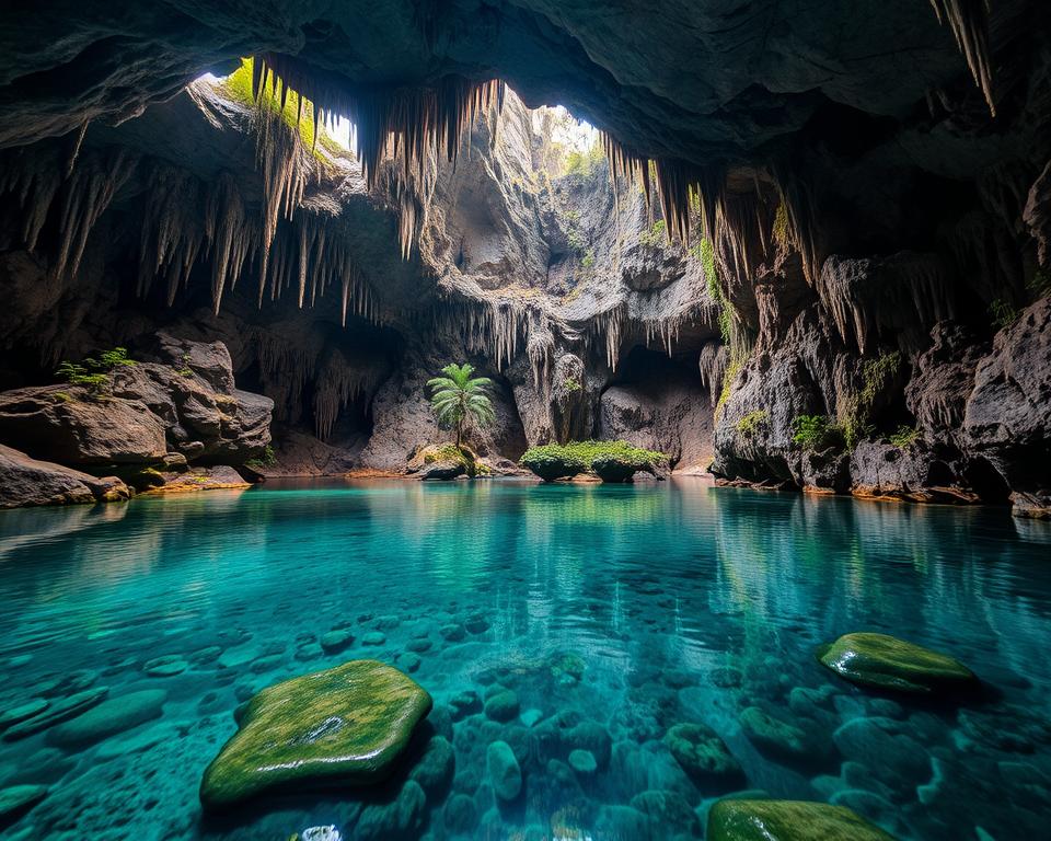A breathtaking view of the stunning caves in Phong Nha-Ke Bang National Park, Vietnam. In the foreground, a crystal-clear underground river reflects the cavern's intricate limestone formations. The middle layer features stalactites and stalagmites, illuminated by soft, natural light filtering through small openings above, creating a serene, mystical atmosphere. In the background, towering rock walls enhance the sense of scale, with delicate green ferns and moss clinging to the damp surfaces, suggesting a lush, untouched environment. The overall mood is tranquil yet awe-inspiring, inviting exploration of this hidden natural wonder. Use a wide-angle lens to capture the grandeur of the cave while emphasizing the captivating textures and colors. No people are present in the scene, ensuring a focus on the beauty of the landscape.