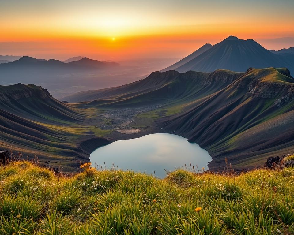 A breathtaking view of the volcanic landscape of East Africa, showcasing the stunning highlands and the Great Rift Valley. In the foreground, vibrant green grasses and scattered wildflowers frame a shimmering crater lake, reflecting the sky. The middle ground features majestic, towering volcanoes with rugged, textured slopes and patches of dark volcanic rock. In the background, distant hills fade into a hazy sunset, painting the sky in warm hues of orange and pink. The scene is illuminated by soft, golden light of dusk, creating a peaceful atmosphere. Utilize a wide-angle lens perspective to capture the vastness of the landscape, emphasizing the grandeur of this unique geological formation. No text or human figures in the image.