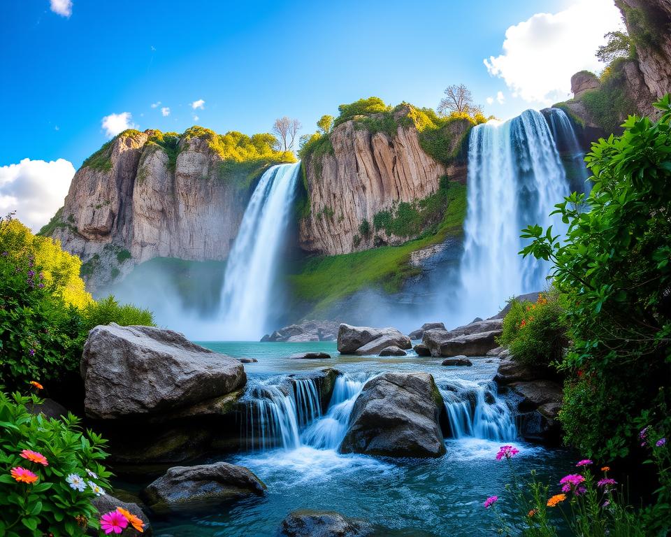 A breathtaking view of two distinct waterfalls in Croatia, contrasting the serene Brač Waterfalls with a more dramatic waterfall from another Croatian location. In the foreground, lush greenery surrounds the Brač Waterfalls, showcasing crystal-clear water cascading over smooth rocks, while colorful wildflowers add vibrancy. The middle ground features the second waterfall, taller and more forceful, surrounded by rugged cliffs and mist rising into the air. In the background, a clear blue sky with soft clouds bathes the scene in warm sunlight, highlighting the natural beauty of the landscape. The mood is tranquil yet awe-inspiring, inviting viewers to experience the majestic allure of Croatia's waterfalls. The scene captures the essence of nature, emphasizing colors and textures with a dynamic angle that brings depth to the image.