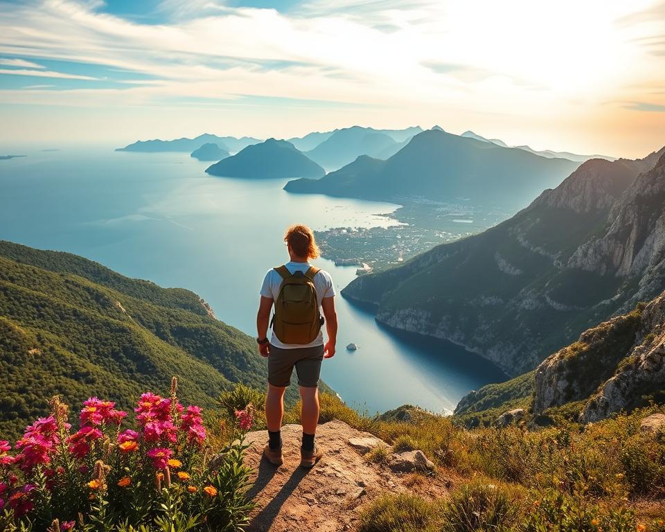 A breathtaking viewpoint in Dalmatia, showcasing a panoramic view of lush green hills and rocky cliffs descending into the crystal-clear Adriatic Sea. In the foreground, a well-trodden hiking path lined with vibrant wildflowers leads to the viewpoint. A couple dressed in modest hiking attire stands admiring the view, their backs to the viewer, suggesting a sense of exploration and adventure. The middle ground features a picturesque coastline with small islands dotting the horizon, basking in the golden light of a late afternoon sun. The background is dominated by dramatic mountain peaks under a soft blue sky with wispy clouds, creating an inviting atmosphere. The lighting is warm and golden, enhancing the serene and peaceful mood of the scene, ideal for a tranquil hiking experience.