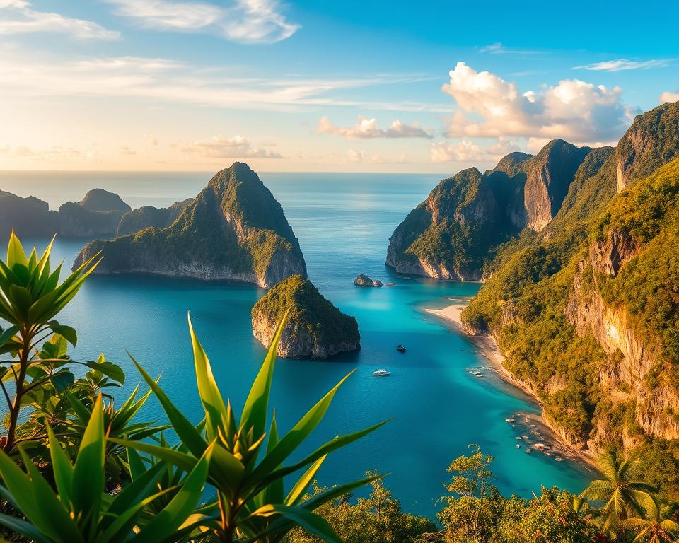 A breathtaking viewpoint of El Nido, Palawan, showcasing rugged limestone cliffs jutting out of crystal-clear turquoise waters. In the foreground, a few lush, tropical plants frame the scene, while in the middle ground, the stunning coastline is visible with tranquil lagoons and hidden beaches. The background features dramatic cliffs covered with dense greenery, set against a bright blue sky punctuated with soft, fluffy clouds. The lighting is warm and golden, suggesting sunrise or sunset, enhancing the vibrant colors of nature. Capture the scene from a slightly elevated angle to emphasize the vastness of the landscape, creating a serene and inviting atmosphere that reflects the natural beauty and adventure of El Nido, perfect for exploration away from the beach.