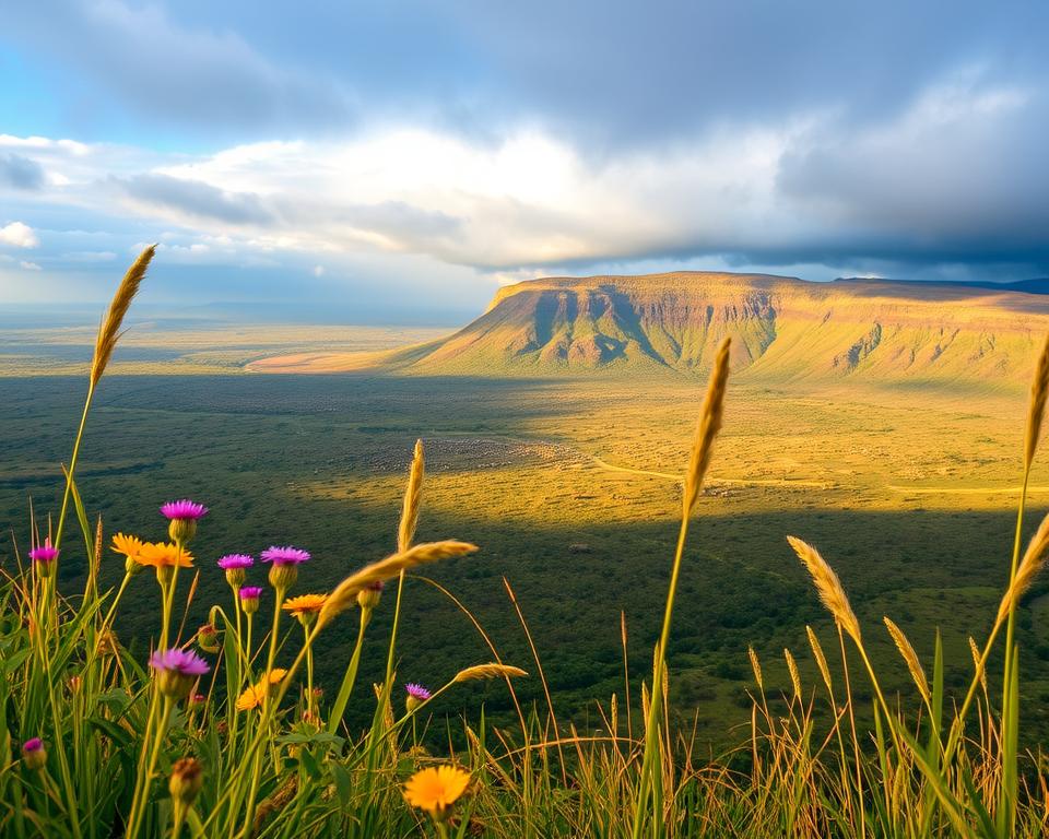 A breathtaking viewpoint of the Ngorongoro Crater in Tanzania, showcasing a vast expanse of lush greenery and diverse wildlife below. In the foreground, vibrant wildflowers and tall grasses sway gently in the breeze, adding color and life. The middle ground features the iconic crater rim with its steep, rugged cliffs against a backdrop of dramatic skies, blending hues of blue and gray, suggesting a dynamic weather change. The background reveals the expansive crater floor dotted with herds of elephants and zebras, immersed in the natural beauty of their habitat. The lighting is warm and golden, symbolizing a late afternoon glow, enhancing the tranquil and majestic atmosphere of this natural wonder. The image is captured with a wide-angle lens to convey the grandeur of the landscape from an elevated perspective.