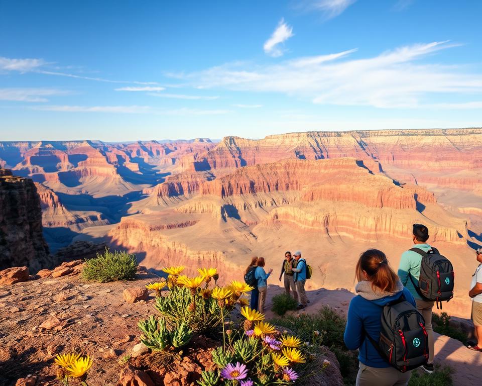 A breathtaking viewpoint overlooking the Grand Canyon, showcasing its majestic layered rock formations and vibrant colors. In the foreground, a rocky outcrop with sparse greenery, accentuated by wildflowers blooming in bright yellows and purples. The middle-ground features visitors in modest hiking attire, gazing in awe at the expansive canyon below, their expressions reflecting wonder. In the background, the dramatic cliffs of the Grand Canyon rise sharply, bathed in warm afternoon sunlight that casts soft shadows, creating depth. The sky is a clear blue with a few wispy clouds, conveying a serene mood and atmosphere of exploration. Capture this scene from a slightly elevated angle to enhance the grandeur of the canyon landscape. A breathtaking viewpoint overlooking the Grand Canyon, showcasing its majestic layered rock formations and vibrant colors. In the foreground, a rocky outcrop with sparse greenery, accentuated by wildflowers blooming in bright yellows and purples. The middle-ground features visitors in modest hiking attire, gazing in awe at the expansive canyon below, their expressions reflecting wonder. In the background, the dramatic cliffs of the Grand Canyon rise sharply, bathed in warm afternoon sunlight that casts soft shadows, creating depth. The sky is a clear blue with a few wispy clouds, conveying a serene mood and atmosphere of exploration. Capture this scene from a slightly elevated angle to enhance the grandeur of the canyon landscape.