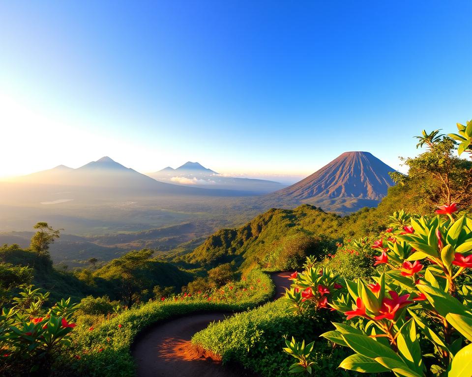 A breathtaking vista of Indonesian volcanoes during the ideal travel season, showcasing a panoramic view in the background. Majestic peaks rise against a clear blue sky, with soft, golden sunlight illuminating the landscape. In the foreground, lush greenery teems with vibrant tropical flowers, creating a sense of vitality and adventure. A winding path invites exploration, leading towards one of the volcanoes, hinting at the journey ahead. The atmosphere is serene and inviting, capturing the essence of tranquility in nature. Use a wide-angle lens to emphasize the grandeur of the landscape, with a warm glow to evoke a feeling of optimism and wonder, perfect for showcasing the stunning volcanic terrain of Indonesia. A breathtaking vista of Indonesian volcanoes during the ideal travel season, showcasing a panoramic view in the background. Majestic peaks rise against a clear blue sky, with soft, golden sunlight illuminating the landscape. In the foreground, lush greenery teems with vibrant tropical flowers, creating a sense of vitality and adventure. A winding path invites exploration, leading towards one of the volcanoes, hinting at the journey ahead. The atmosphere is serene and inviting, capturing the essence of tranquility in nature. Use a wide-angle lens to emphasize the grandeur of the landscape, with a warm glow to evoke a feeling of optimism and wonder, perfect for showcasing the stunning volcanic terrain of Indonesia.