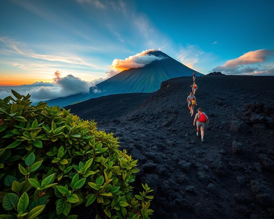 A breathtaking volcanic landscape in Indonesia, featuring an imposing volcano partially shrouded in wisps of clouds. In the foreground, vibrant green foliage and rugged volcanic rock formations contrast sharply against the dark, ashy soil. In the middle ground, a group of adventurers equipped with practical gear, wearing modest hiking attire, is carefully ascending a steep lava trail, capturing the spirit of exploration. The background showcases the volcano's summit, illuminated by the soft glow of the rising sun, casting warm hues over the scene. The sky transitions from blue to a palette of oranges and pinks, enhancing the sense of adventure. The mood is one of excitement and awe, evoking the thrill of a volcanic expedition. The image is captured with a wide-angle lens for depth, focusing on the stunning natural beauty that surrounds the explorers. A breathtaking volcanic landscape in Indonesia, featuring an imposing volcano partially shrouded in wisps of clouds. In the foreground, vibrant green foliage and rugged volcanic rock formations contrast sharply against the dark, ashy soil. In the middle ground, a group of adventurers equipped with practical gear, wearing modest hiking attire, is carefully ascending a steep lava trail, capturing the spirit of exploration. The background showcases the volcano's summit, illuminated by the soft glow of the rising sun, casting warm hues over the scene. The sky transitions from blue to a palette of oranges and pinks, enhancing the sense of adventure. The mood is one of excitement and awe, evoking the thrill of a volcanic expedition. The image is captured with a wide-angle lens for depth, focusing on the stunning natural beauty that surrounds the explorers.