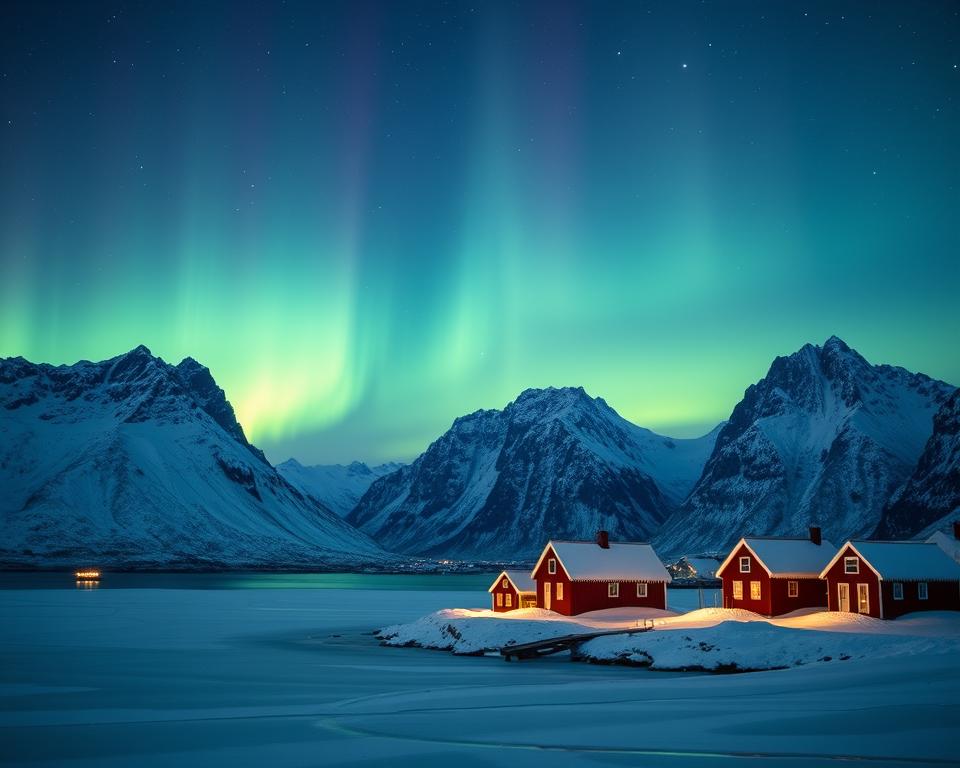 A breathtaking winter landscape of the Lofoten Islands under the enchanting Northern Lights. In the foreground, snow-covered peaks glimmer gently in the moonlight, while a frozen fjord reflects the colorful auroras above. The middle ground features traditional red fishing cabins with snow-laden roofs, partially illuminated by the green and purple hues of the aurora borealis. In the background, jagged mountains rise dramatically, set against a starry night sky. The scene is captured from a low angle, enhancing the majestic height of the mountains, while soft, diffused light creates a serene, magical atmosphere, evoking a sense of wonder and tranquility.