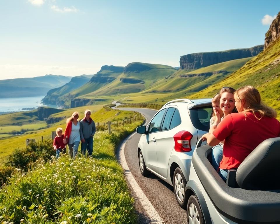 A bright and inviting scene of a family enjoying a rental car on a scenic road in Ireland. The foreground features a cheerful family of four, dressed in casual yet modest clothing, smiling as they explore the countryside. In the middle ground, a compact rental car is parked on the side of a winding road, surrounded by lush green landscapes dotted with wildflowers. In the background, rolling hills and dramatic cliffs under a clear blue sky evoke the beauty of Ireland. Natural light softly illuminates the scene, creating a warm and welcoming atmosphere. The angle captures both the family and the breathtaking surroundings, inspiring a sense of adventure and enjoyment for families traveling in Ireland.