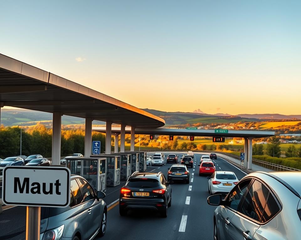 A bustling French toll plaza with clear signage indicating 'Maut' in the foreground, showcasing vehicles in a line ready to pay their tolls. In the middle ground, a picturesque view of the Bretagne region is visible, with lush green hills and the iconic French countryside. The background features a sunset sky, casting warm golden and orange tones that enhance the tranquil atmosphere of the scene. A camera angle from slightly above, focusing on the toll booths while capturing the flow of vehicles, creates a dynamic perspective. The image should have a realistic style with soft lighting, highlighting the details of the toll booths and the landscape. Aim for a mood of adventure and exploration, inviting viewers to experience driving through France.