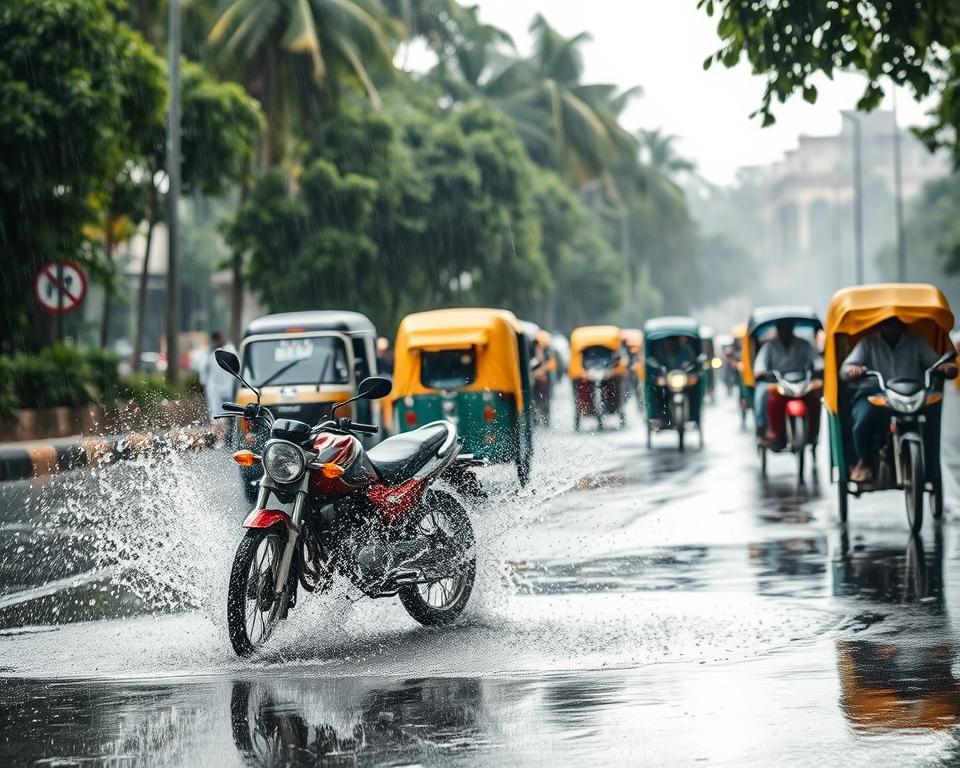 A bustling Indian street scene during the monsoon season, illustrating the challenging road conditions. In the foreground, a humble motorcycle splashes through a puddle, creating a dynamic spray of water. The middle ground features a long line of colorful rickshaws, their vibrant umbrellas closed against the rain, while cyclists navigate cautiously. The background shows lush green trees, their leaves glistening with raindrops, and blurred buildings peeking through a veil of rain. Soft, diffused lighting creates a moody atmosphere, casting a gray hue over the scene, typical of monsoon weather. The angle should be slightly elevated to capture the texture of the wet roads and feel the ambiance of the rain-soaked environment. The overall mood conveys resilience and the everyday experience of transportation during the rainy season.