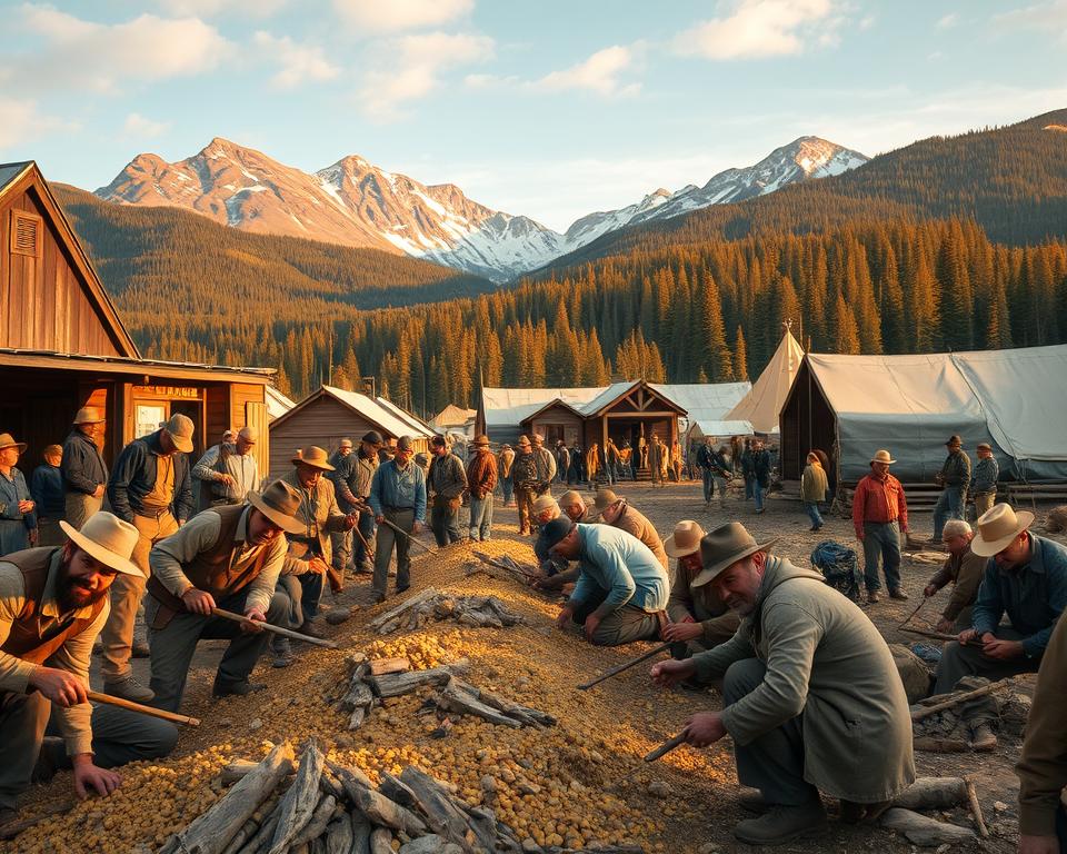 A bustling Klondike mining camp during the gold rush era, vividly illustrating the economic impacts of the gold rush. In the foreground, diverse miners in modest, rugged clothing, digging for gold with traditional tools, showing expressions of determination and excitement. The middle ground features wooden structures like a supply store and tents, with people engaged in trade and commerce, showcasing the boomtown atmosphere. In the background, rugged mountains and lush forests under a clear blue sky, symbolizing the wilderness adventure. The lighting is warm and golden, reminiscent of sunset, casting soft shadows and creating a nostalgic yet energetic atmosphere. The scene captures the sense of exploration and the transformation of a wild frontier into a thriving community.