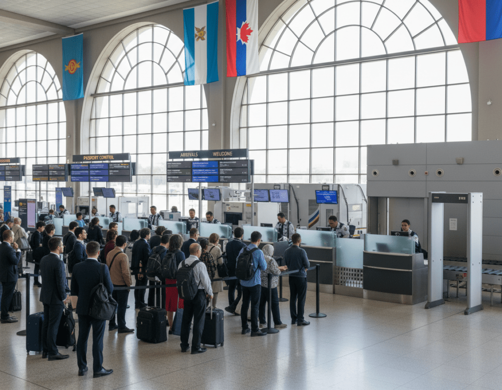 A bustling airport arrival area at the border, showcasing a blend of modern architecture and security features. In the foreground, a diverse group of travelers dressed in professional business attire and modest casual clothing stand in line at passport control, with expressions of anticipation. The middle ground features uniformed border agents engaging in brief questioning with passengers, surrounded by security screens and luggage scanners. The background reveals large glass windows allowing natural light to flood the scene, reflecting the efficiency of international travel. The lighting is bright but soft, creating a welcoming atmosphere, while hints of national flags suggest the airport's multicultural context. The composition captures the essence of border processing and the emotions tied to international travel.