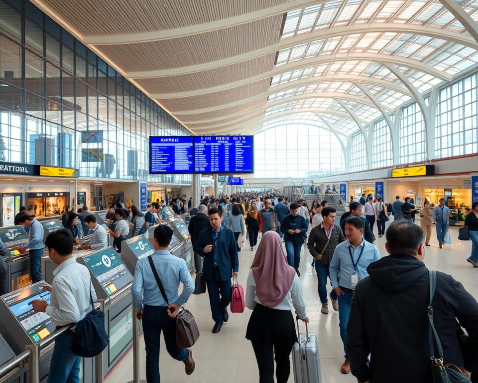 A bustling airport scene at Sanya Flughafen in Sanya, China, emphasizing the architectural beauty of the terminal with contemporary design and large glass facades. In the foreground, display travelers, both business and casual, dressed in professional and modest casual clothing, checking in at the ticket counters. In the middle ground, showcase various airport amenities like duty-free shops and bustling restaurants, with travelers engaged in conversation and moving towards their gates. The background features an illuminated arrival and departure board, casting a warm glow throughout the scene. Soft, natural lighting filters through the terminal’s glass ceilings, creating a welcoming atmosphere. Capture the essence of travel, excitement, and cultural diversity, with a clear focus on the airport setting.