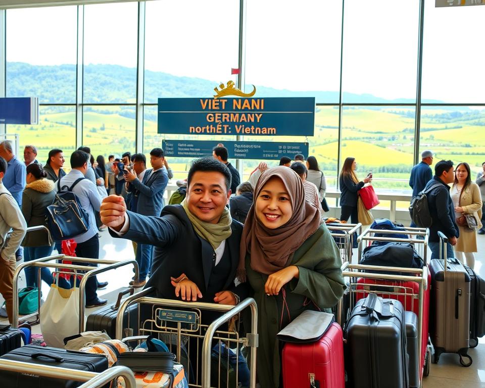 A bustling airport scene depicting travelers arriving from Germany to Northern Vietnam, with a focus on diverse travelers in professional business attire and modest casual clothing. In the foreground, a cheerful family takes a selfie with traditional Vietnamese airport signage in the background. In the middle ground, luggage carts filled with suitcases and backpacks display various travel essentials. In the background, large windows reveal a vibrant view of a lush green landscape typical of Northern Vietnam, under a bright blue sky. The lighting is warm and inviting, suggesting a midday arrival. The atmosphere is one of excitement and adventure, capturing the essence of travel and exploration in a new culture.