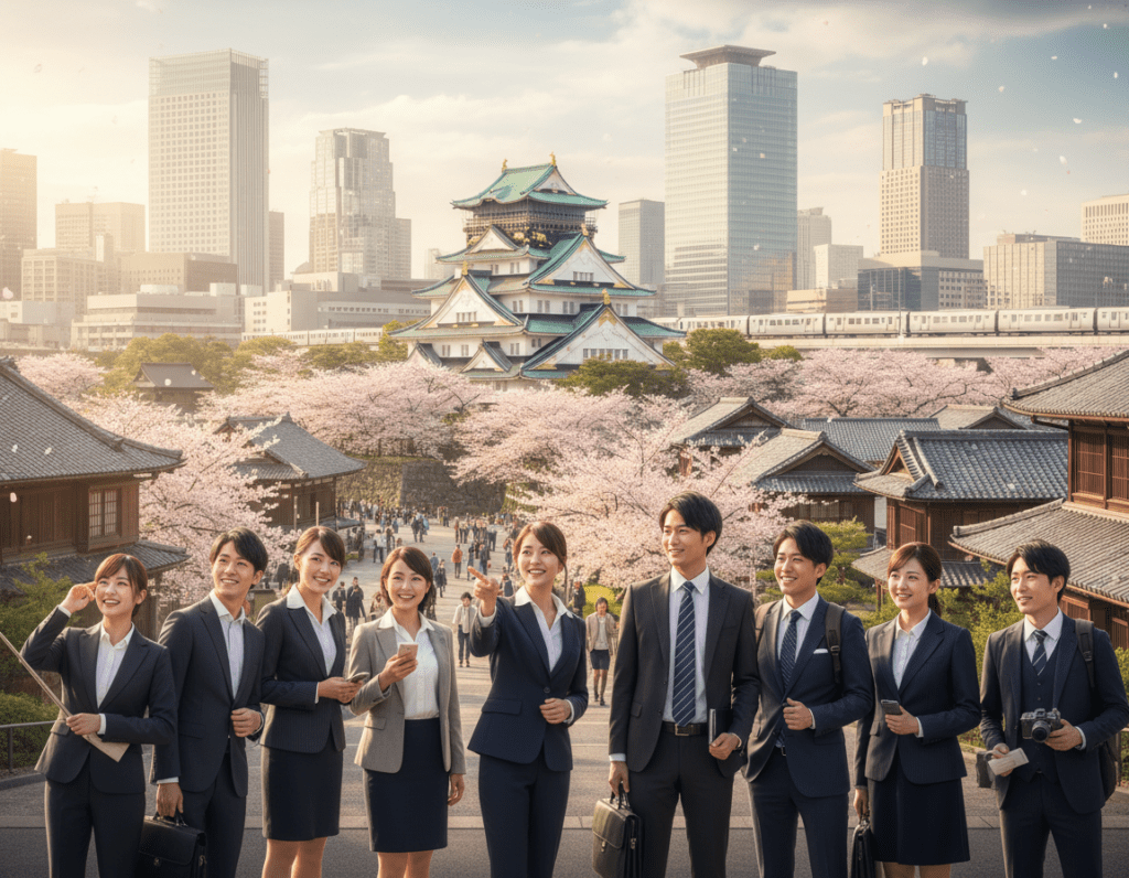 A bustling city scene in Nagoya, capturing the blend of modern architecture and historical elements. In the foreground, a diverse group of professionals in business attire is exploring the city, interacting and taking photos. In the middle ground, the iconic Nagoya Castle stands majestically, surrounded by cherry blossom trees in full bloom. The background showcases a vibrant skyline with sleek skyscrapers and traditional Japanese buildings juxtaposed against each other. Soft afternoon sunlight casts warm tones over the scene, creating an inviting atmosphere. Use a wide-angle lens to capture the dynamic interaction of the city life, highlighting the harmony between modernity and tradition in this Japanese metropolis.