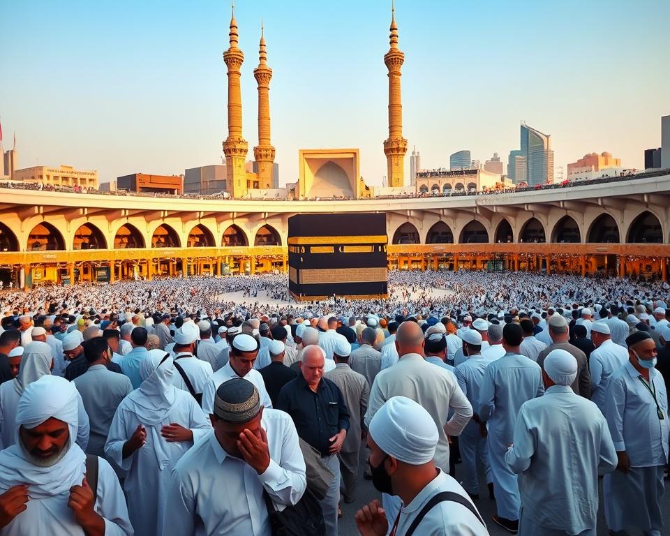 A bustling crowd of Umrah pilgrims in traditional modest attire, including Ihram garments, navigating through the sacred spaces of Mecca. In the foreground, a diverse group of people, representing various nationalities, is engaged in prayer, some holding prayer beads, with a sense of unity. In the middle ground, you can see the majestic Kaaba, surrounded by worshippers, capturing the spiritual essence of the pilgrimage. The background showcases the grand architecture of the mosque, with tall minarets reaching towards a clear blue sky. The scene is illuminated with warm, soft lighting, highlighting the emotions of reverence and devotion among the pilgrims. The angle is slightly elevated, giving an expansive view of the crowd and the sacred site, creating an immersive atmosphere of togetherness and faith. A bustling crowd of Umrah pilgrims in traditional modest attire, including Ihram garments, navigating through the sacred spaces of Mecca. In the foreground, a diverse group of people, representing various nationalities, is engaged in prayer, some holding prayer beads, with a sense of unity. In the middle ground, you can see the majestic Kaaba, surrounded by worshippers, capturing the spiritual essence of the pilgrimage. The background showcases the grand architecture of the mosque, with tall minarets reaching towards a clear blue sky. The scene is illuminated with warm, soft lighting, highlighting the emotions of reverence and devotion among the pilgrims. The angle is slightly elevated, giving an expansive view of the crowd and the sacred site, creating an immersive atmosphere of togetherness and faith.
