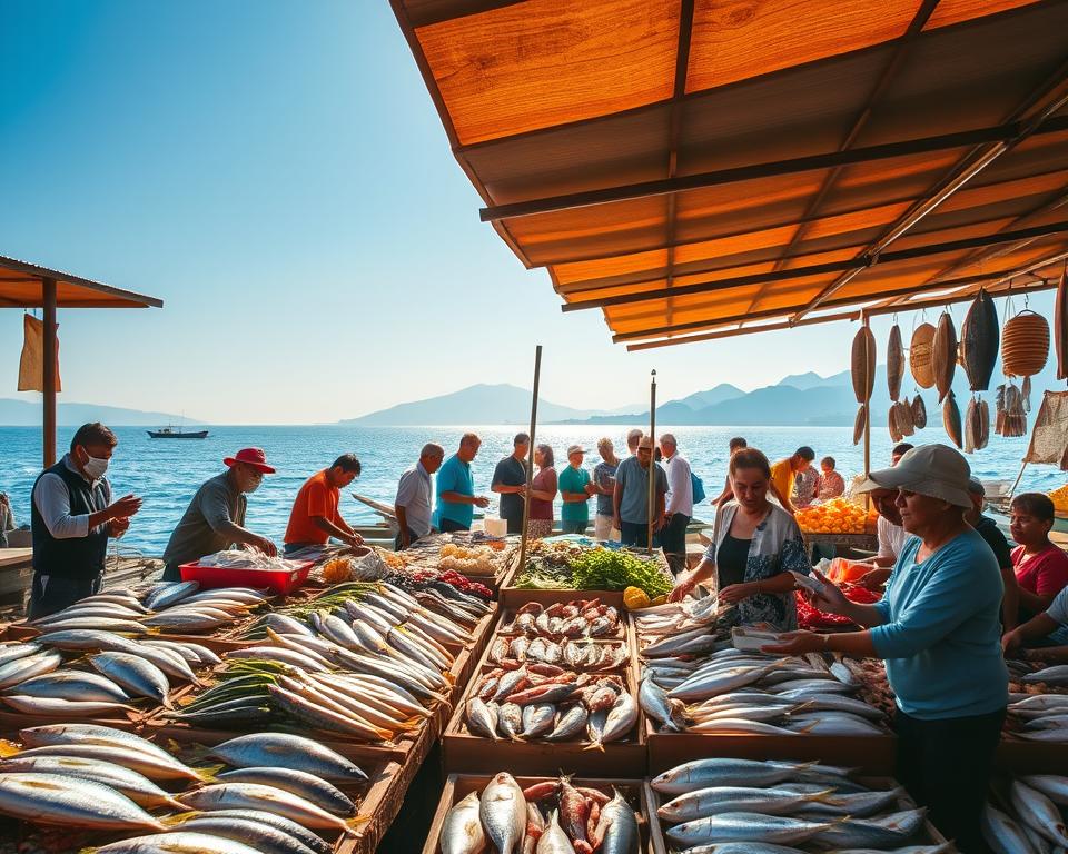 A bustling fish market in Lovina, Indonesia, filled with vibrant colors and fresh seafood. The foreground showcases a variety of fish displayed on wooden stalls, glistening under the warm, golden morning sunlight. Local fishermen, dressed in modest clothing, expertly arrange their catch, adding to the lively atmosphere. In the middle ground, customers are engaged in lively discussions, examining the rich selection of fresh seafood and local produce. The background features the serene ocean, gently lapping against the shore under a clear blue sky, with distant volcanic mountains adding depth to the scene. The image should capture the lively, authentic vibe of an Indonesian market, emphasizing culinary exploration and community interaction, illuminated in soft, inviting lighting with a slightly elevated angle for depth.