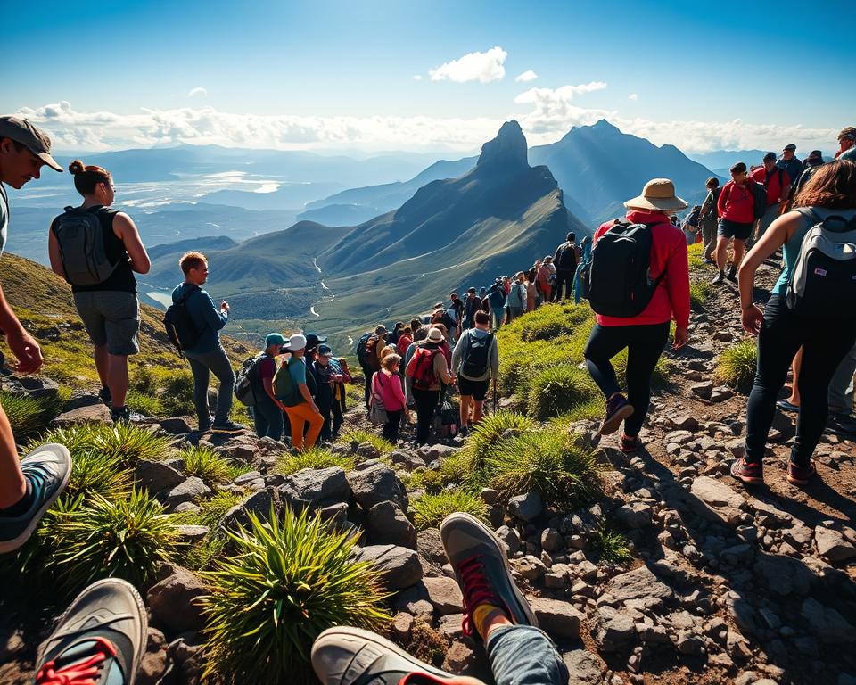 A bustling scene at Pico do Arieiro, capturing a diverse group of hikers in modest casual clothing, navigating rocky trails. In the foreground, close-up details of shoes and travel gear are visible as people ascend the mountain, showcasing determination and excitement. The middle ground features a vibrant mix of individuals enjoying the panoramic views, with lush green vegetation contrasting against the rocky landscape. In the background, majestic mountain peaks rise under a clear blue sky. Soft sunlight filters through, creating an inviting atmosphere, with shadows cast by clouds enhancing the depth and texture of the terrain. The mood is lively yet serene, emphasizing the adventure of early morning hiking while avoiding crowds.