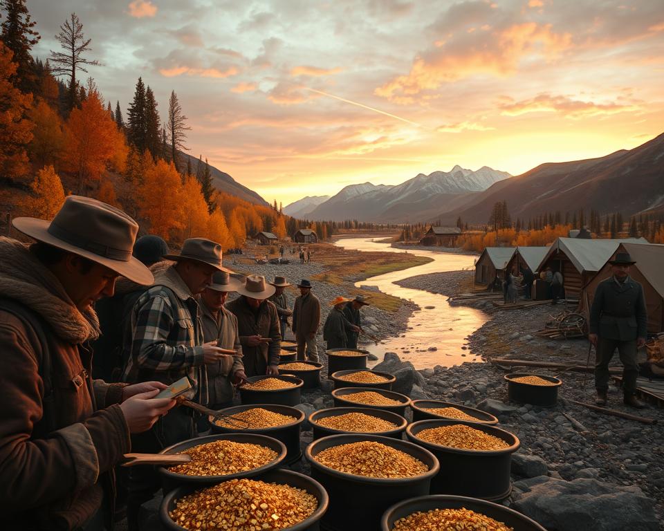A bustling scene depicting the Klondike Gold Rush during the late 19th century. In the foreground, a diverse group of gold prospectors, dressed in rugged, period-appropriate clothing, examine panfuls of shimmering gold dust against the backdrop of vibrant autumn foliage. The middle ground features a meandering river, bordered by rugged mountains, with tents and makeshift wooden cabins scattered nearby. In the background, an expansive sky painted with soft orange and purple hues of sunrise adds warmth to the setting. The atmosphere is filled with excitement and determination, as the light reflects off the gold in the prospectors' pans, capturing the essence of adventure and hope. The image is framed at a slight angle, creating a dynamic and immersive visual experience that invites viewers into this historical moment.
