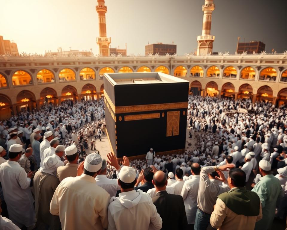 A bustling scene of Tawaf Umrah at the Kaaba in Mecca, filled with a diverse group of pilgrims in modest traditional attire, demonstrating the spiritual essence of the ritual. In the foreground, several individuals are closely circling the Kaaba, some with their hands raised in prayer, while others appear deep in contemplation. The middle ground showcases more pilgrims weaving through the crowd, framed by the stunning architecture of the Masjid al-Haram, with its tall minarets and intricate designs. In the background, a soft golden glow illuminates the scene, created by the warm lights of the mosque, enhancing the atmosphere of spirituality and devotion. The image captures a dynamic perspective from slightly above, emphasizing the circular movement and unity of the pilgrims as they engage in this sacred ritual. A bustling scene of Tawaf Umrah at the Kaaba in Mecca, filled with a diverse group of pilgrims in modest traditional attire, demonstrating the spiritual essence of the ritual. In the foreground, several individuals are closely circling the Kaaba, some with their hands raised in prayer, while others appear deep in contemplation. The middle ground showcases more pilgrims weaving through the crowd, framed by the stunning architecture of the Masjid al-Haram, with its tall minarets and intricate designs. In the background, a soft golden glow illuminates the scene, created by the warm lights of the mosque, enhancing the atmosphere of spirituality and devotion. The image captures a dynamic perspective from slightly above, emphasizing the circular movement and unity of the pilgrims as they engage in this sacred ritual.