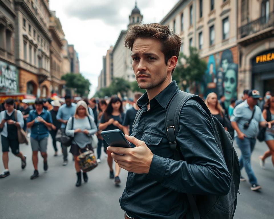 A bustling street in Buenos Aires during the day, focusing on a cautious traveler holding a smartphone and a backpack. In the foreground, a person dressed in smart casual attire scans their surroundings, with a worried expression. The middle ground features diverse pedestrians, some engrossed in their own devices, while others are interacting with street vendors. The background showcases iconic Buenos Aires architecture, with vibrant murals on walls, and a partly cloudy sky, casting soft, diffused light. The atmosphere is alert yet lively, emphasizing the need for vigilance against petty theft as the traveler navigates the urban landscape.