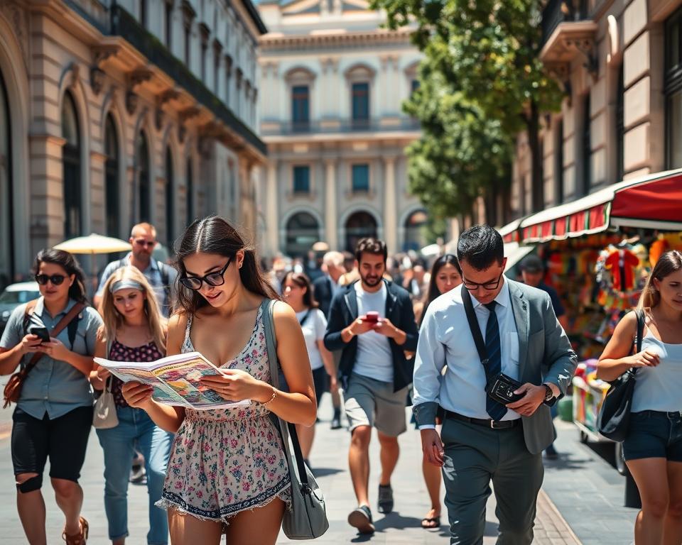 A bustling street scene in Buenos Aires during the day, focusing on a diverse group of pedestrians navigating the sidewalk. In the foreground, a distracted tourist, dressed in casual summer attire, looks at a map, while behind them, a figure in a smart, professional outfit subtly reaches toward the tourist's bag, indicating a pickpocketing attempt. In the middle ground, local vendors display colorful merchandise, contributing to the lively atmosphere. The background showcases iconic Buenos Aires architecture, blending colonial and modern styles. The lighting is bright and natural, casting soft shadows and enhancing the vibrant colors of the scene. The overall mood conveys a sense of urgency and awareness, highlighting the importance of being vigilant while walking in busy urban environments.
