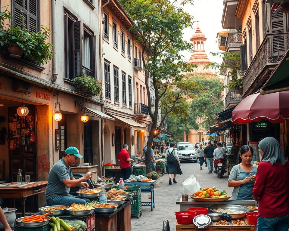 A bustling street scene in the Hanoi Old Quarter, showcasing vibrant street food stalls lining narrow, cobblestone alleys. In the foreground, a vendor skillfully prepares traditional Vietnamese dishes, surrounded by colorful fresh ingredients. The middle ground features charming colonial-era buildings with weathered facades and flower-filled balconies, enhanced by warm, golden-hour lighting that bathes the scene in a soft glow. The background reveals a glimpse of ancient temples peeking through lush green trees, adding depth to the composition. Capture a lively but cozy atmosphere, inviting viewers to experience the rich cultural tapestry of Hanoi, with people casually enjoying their meals in modest, casual attire reflecting the local lifestyle.