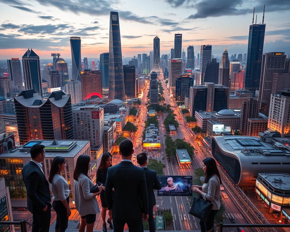 A bustling urban landscape depicting a major Chinese megacity at dusk, showcasing a dynamic skyline filled with modern skyscrapers and vibrant energy. In the foreground, a group of diverse professionals in business attire discusses trends around a high-tech digital display. The middle ground features busy streets with various industries represented: tech startups, finance hubs, and manufacturing plants. The background reveals iconic structures illuminated against the twilight sky, symbolizing economic power. Soft ambient lighting creates a warm yet industrious atmosphere, with a slight aerial perspective to capture the city's scale and complexity. Include hints of greenery and transport links to reflect urban development and sustainability.