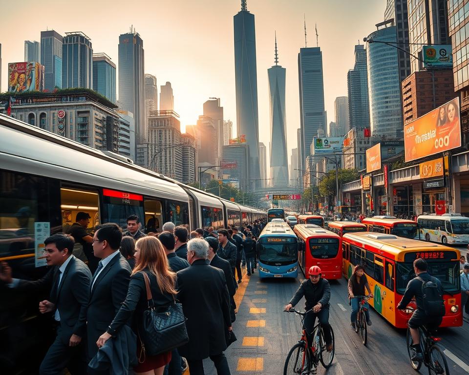 A bustling urban scene illustrating public transport in one of China's megacities, showcasing an array of modern buses, trams, and subways. In the foreground, diverse commuters in professional attire are boarding a sleek, futuristic subway train. The middle ground features an expansive cityscape with towering skyscrapers, adorned with vibrant advertisements and greenery on rooftops. The background reveals a busy street with colorful buses and people using bicycles, emphasizing a multi-modal transport system. The lighting is bright, with the golden hues of sunset casting long shadows on the ground. The composition is captured from a slightly elevated angle, creating a dynamic view of the vibrant city life, reflecting energy and movement, encapsulating the essence of infrastructure and transportation in a megacity.