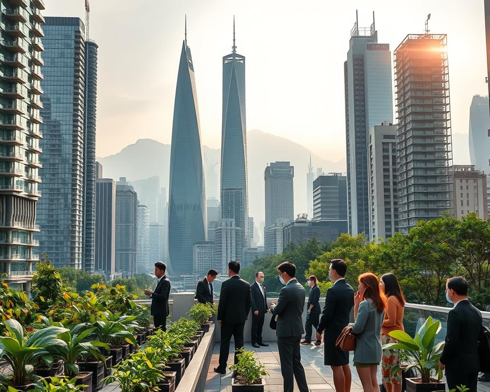 A bustling urban scene in a modern Chinese megacity, showcasing the contrast between high-rise buildings and greenery. In the foreground, a diverse group of professionals in business attire check air quality monitors, surrounded by plants and clean energy solutions. In the middle ground, sleek skyscrapers rise, partially shrouded in a gentle haze, indicating air quality challenges. The background features smoggy mountains highlighted by soft, diffused sunlight breaking through. The atmosphere is a mix of hope and concern, emphasizing sustainability efforts. The lighting is warm and inviting, suggesting early morning or late afternoon. Use a wide-angle perspective to capture the scale of the city while focusing on the interaction between people and their environment.
