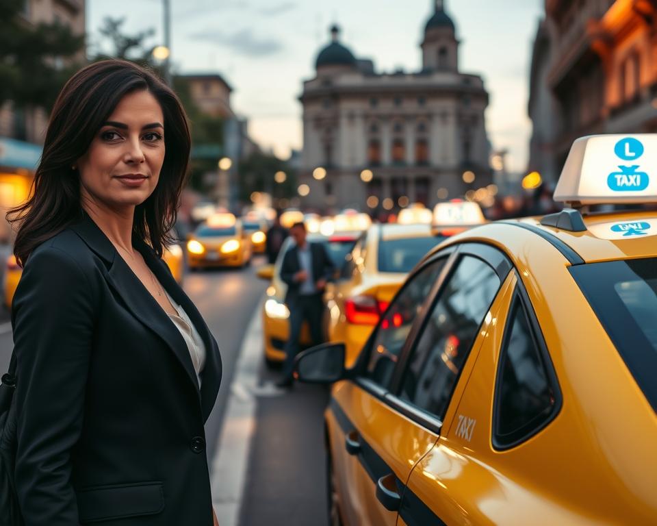 A busy Buenos Aires street scene at dusk, featuring a yellow and black taxi parked at the curb. In the foreground, a well-dressed professional woman is hailing the taxi, her expression confident and calm. In the middle ground, other taxis and ride-hailing vehicles are visible, showcasing a variety of colors and designs, along with a few pedestrians in smart casual attire. The background reveals the iconic architecture of Buenos Aires, illuminated by soft streetlights that create a warm, inviting atmosphere. Capture the vibrant urban vibe with a focus on safety and convenience, using a slightly elevated angle for a dynamic perspective. The warm glow of the streetlights contrasts with the cool evening sky, enhancing the sense of a secure journey.