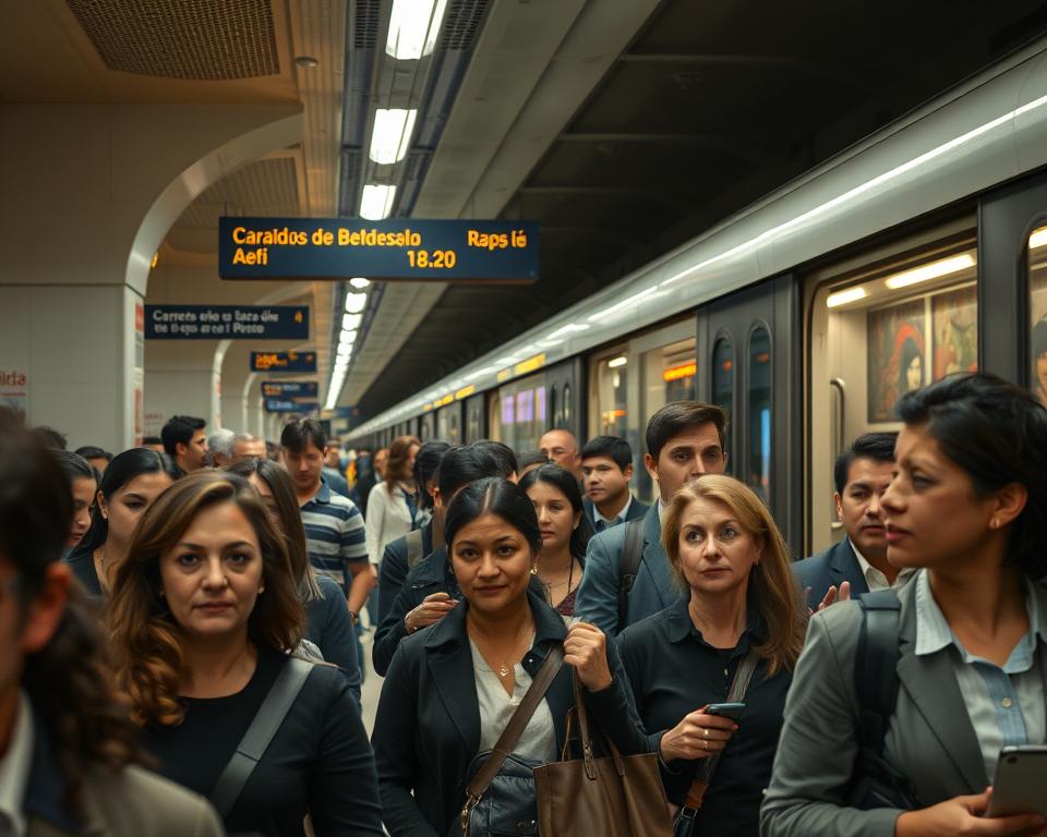 A busy Buenos Aires subway station during rush hour, capturing the essence of public transportation. In the foreground, a diverse group of commuters dressed in professional business attire and modest casual clothing, waiting for the train with expressions of focus and anticipation. In the middle ground, an approaching subway train, sleek and modern, illuminated by bright LED lights, creating a sense of motion. The background showcases elevated signage in Spanish, with artwork reflecting local culture on the station walls. The atmosphere is lively yet safe, with warm and inviting lighting. The scene is shot from a slightly elevated angle to emphasize the bustling activity and highlight the efficient use of public transport in the city.