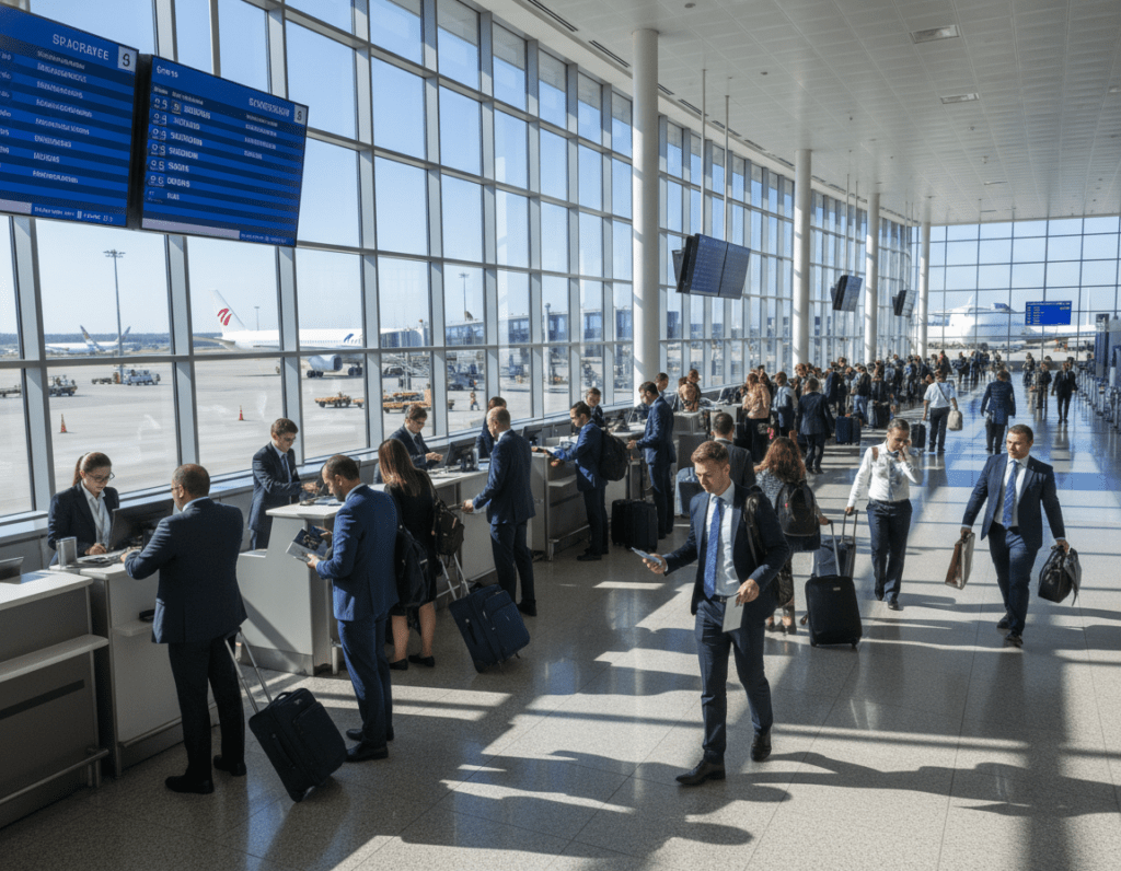 A busy international airport terminal bustling with travelers, set against a bright, airy atmosphere. In the foreground, a diverse group of travelers in professional business attire and smart casual clothing checks in at an airline counter, showing passports and travel documents. The middle ground features large digital flight information screens displaying routes to Belgrade, Istanbul, and Dubai, alongside airport staff assisting passengers. In the background, large panoramic windows reveal aircraft on the tarmac and a clear blue sky, creating a sense of movement and anticipation. The scene is illuminated with natural daylight streaming through the windows, casting soft shadows on the polished floor, evoking a feeling of excitement and adventure. The angle captures the vibrancy and efficiency of the airport environment.