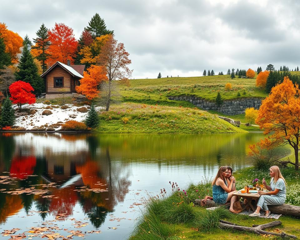 A captivating Swedish landscape showcasing the four seasons in vivid detail. In the foreground, display a serene lake reflecting the colors of autumn leaves—crimson, orange, and gold—interspersed with evergreen trees. To the left, a snowy winter scene featuring a cozy wooden cabin with smoke gently curling from the chimney. In the middle, depict a lush spring meadow filled with wildflowers, vibrant greens, and a clear blue sky. On the right, illustrate a warm summer scene with people in modest casual clothing enjoying a picnic under the sun. The background should feature the iconic Swedish archipelago, blending seamlessly across the changing seasons. Capture soft, natural lighting, emphasizing the tranquility and beauty of nature, inspired by an overcast afternoon, with a wide-angle perspective to enhance the expansive scenery.