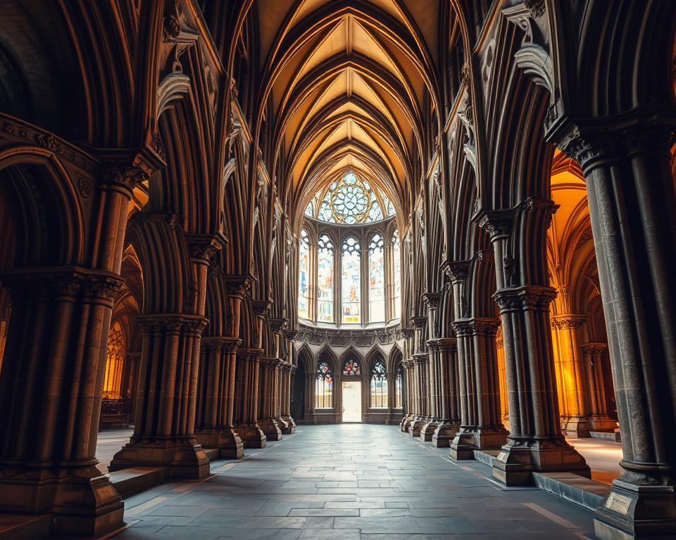 A captivating interior view of Gloucester Cathedral, capturing the enchanting cloisters reminiscent of Hogwarts. In the foreground, intricate stone arches and detailed Gothic architecture create a sense of majesty. The middle ground features the stunning vaulted ceilings adorned with ornate carvings, while soft, golden light filters through stained glass windows, casting colorful reflections on the stone floor. In the background, towering pillars merge with the cathedral's serene ambiance. The atmosphere is magical and inviting, evoking a sense of wonder. The scene is framed as if viewed through a wide-angle lens, emphasizing the grandeur of the architecture and the mystical essence of the location. The overall mood is enchanting and slightly mysterious, perfect for capturing the essence of a Harry Potter filming location.