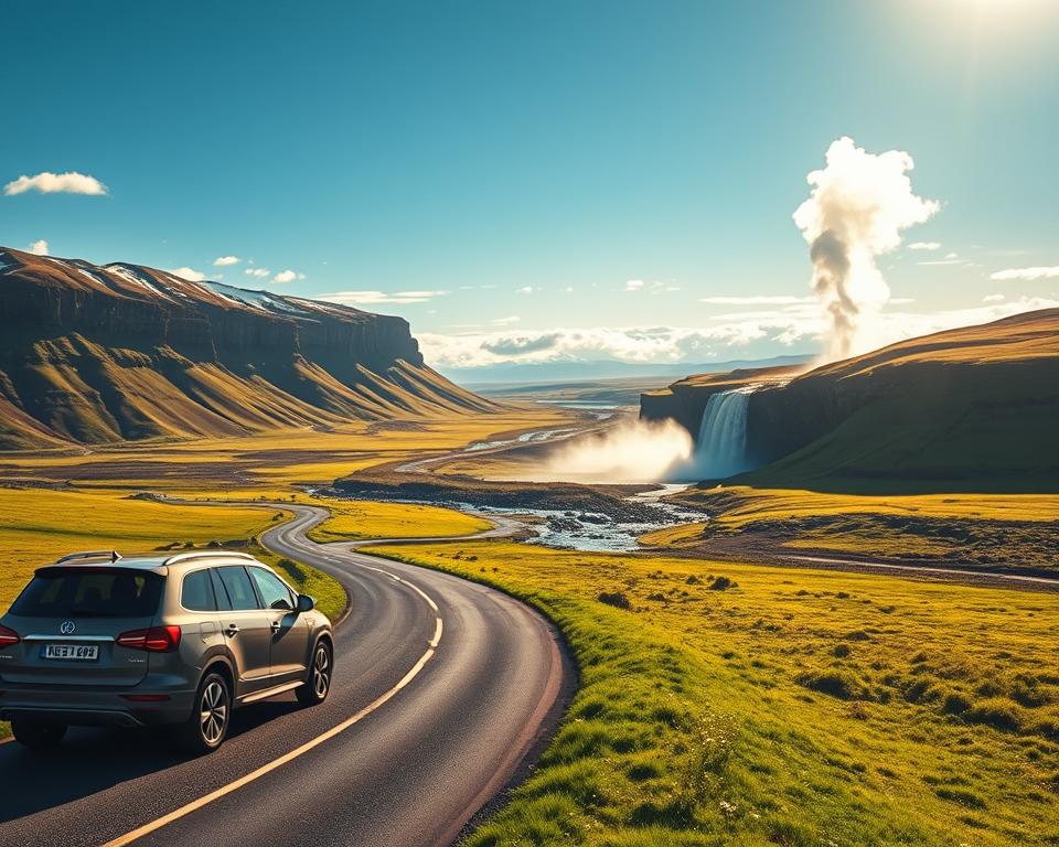 A captivating landscape scene illustrating the Golden Circle route in Iceland, showcasing iconic landmarks. In the foreground, a winding road leads the viewer through lush green fields dotted with wildflowers, accentuated by a modern vehicle parked on the side, hinting at a self-driving experience. In the middle ground, the majestic Þingvellir National Park is visible, with its dramatic cliffs and rift valley, while the fog-laden Gullfoss waterfall cascades nearby, capturing the beauty and power of nature. In the background, the geothermal activity of Geysir emits steam against a bright blue sky, with soft, golden sunlight illuminating the entire scene, creating a warm, inviting atmosphere. The composition is shot from an elevated angle, providing a panoramic view, embodying the adventure and excitement of exploring Iceland's Golden Circle.