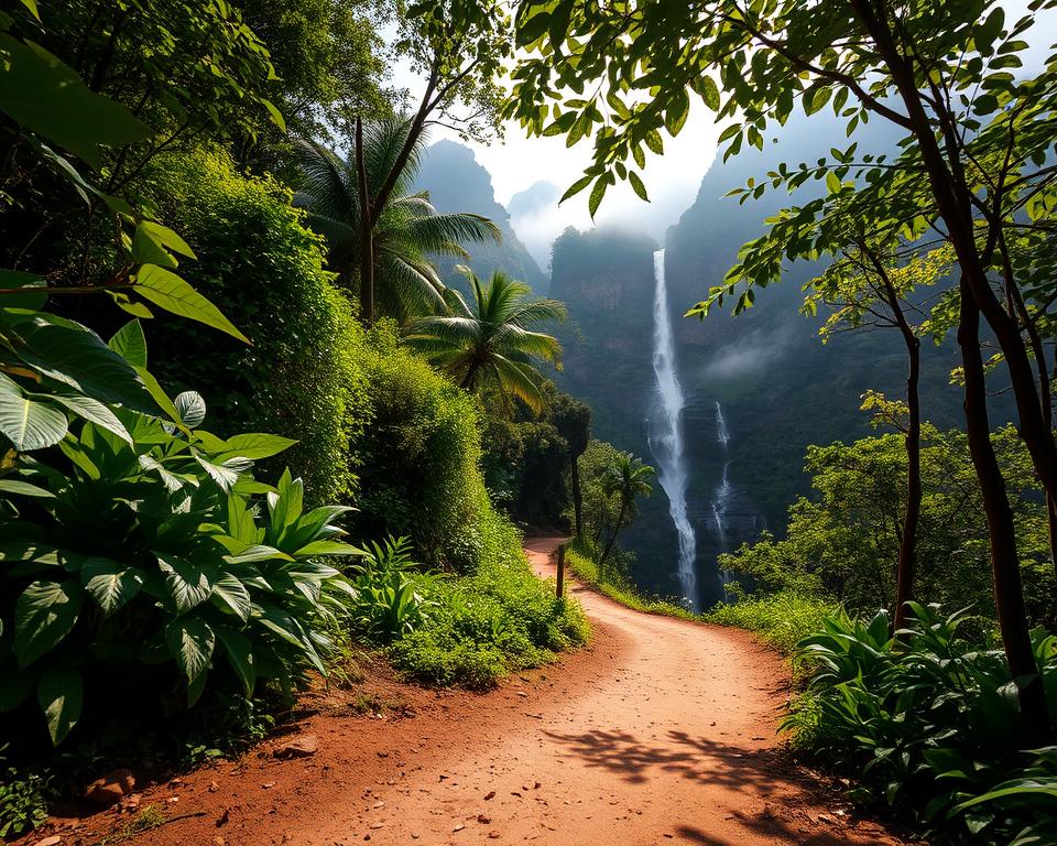 A captivating scene depicting a serene journey toward the Sekumpul Waterfall in Bali, Indonesia. In the foreground, a winding dirt path lined with lush tropical vegetation, vibrant green leaves glistening with morning dew, leading towards the majestic waterfall. In the middle ground, the waterfall cascades dramatically down steep cliffs surrounded by dense jungle. The background features towering mountains, shrouded in mist, creating a sense of wonder and adventure. Soft, diffused sunlight filters through the foliage, casting dappled shadows on the path. The mood is tranquil and inviting, capturing the essence of exploration and the beauty of nature. Include a wide-angle perspective to emphasize the grandeur of the landscape, with rich colors that bring the scene to life.
