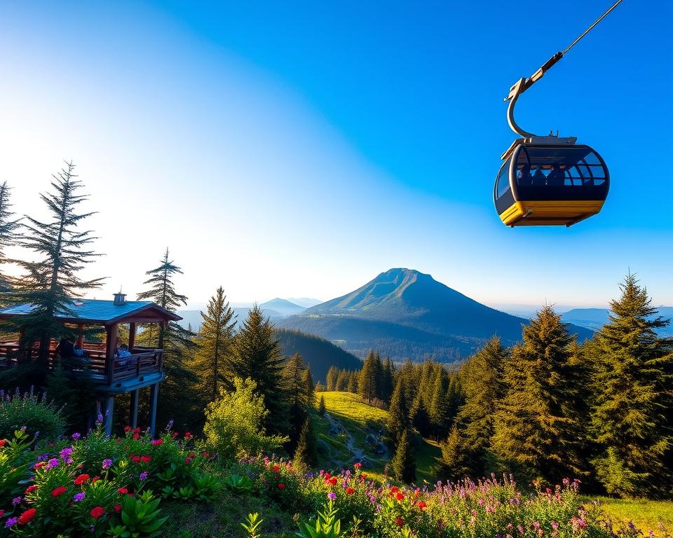 A captivating scene depicting the Sommerberg attractions in Bad Wildbad, featuring a lush, vibrant landscape. In the foreground, show a scenic cable car ascending, with people enjoying breathtaking views, dressed in casual, modest attire. The middle ground showcases the adventure park with thrilling zip lines and hiking trails, surrounded by tall, green trees and colorful flowers in bloom. The background reveals the majestic Sommerberg mountain under a clear blue sky, illuminated by soft, warm sunlight. Utilize a wide-angle lens to capture the expansiveness and beauty of the area, conveying a sense of adventure and tranquility. The overall mood should invite viewers to experience nature and outdoor excitement, emphasizing the region's appeal as a top attraction.
