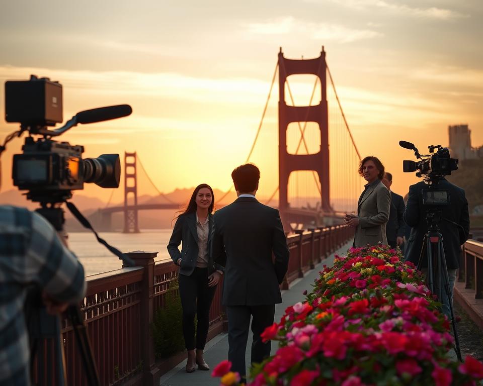 A captivating scene of an iconic bridge featured prominently, such as the Golden Gate Bridge or Tower Bridge, set against a dramatic sunset. In the foreground, a film crew captures a pivotal movie scene with characters in professional attire, engaged in an emotional exchange, their expressions reflecting the intensity of the moment. The middle ground showcases vibrant flowers and lush greenery lining the bridge, blending nature with urban beauty, while vintage film cameras and lighting equipment are subtly placed to enhance the cinematic atmosphere. In the background, the skyline is illuminated with soft, golden light, creating a warm and inviting mood. The overall atmosphere is one of nostalgia and cultural significance, as the bridge serves as a symbol of connection in film, literature, and art.
